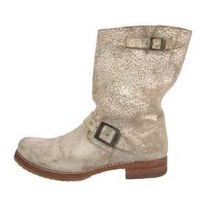 FRYE Company Leather Animal Print Moto Boots Distressed White
